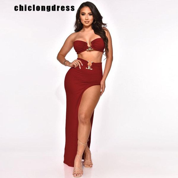 

dress summer beach style two piece set women fashion tube slit long skirt color matching suit two piece set women, White