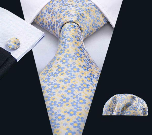 

mens tie light gray with yellow and blue flowers small fresh hankerchief cufflinks set silk meeting business casual party necktie 8704395, Black;blue