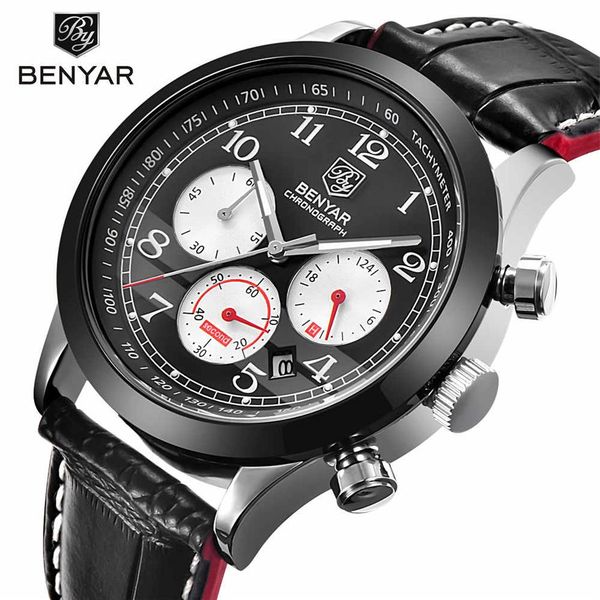 

relogio masculino benyar fashion chronograph sport mens watches brand luxury quartz military watch male erkek kol saati3054, Slivery;brown