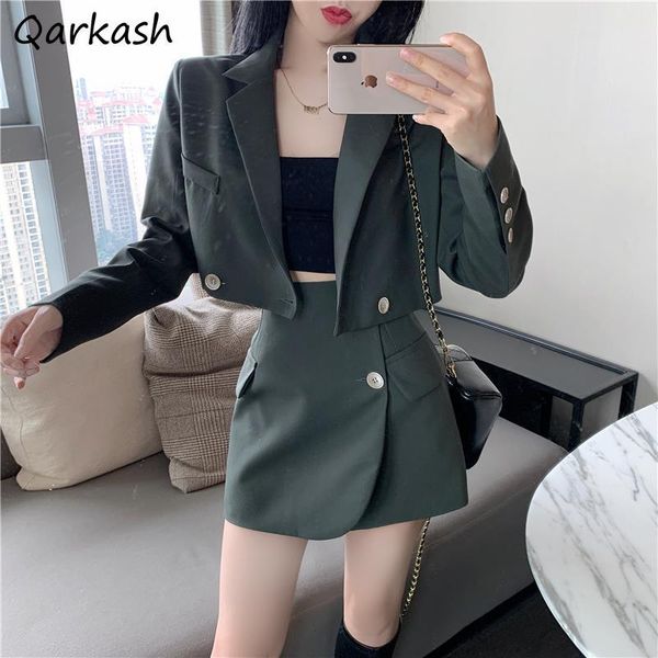 

dress sets women elegant spring female 2 piece chic solid slim double breasted jacket popular aline mini basic allmatch streetwear, White