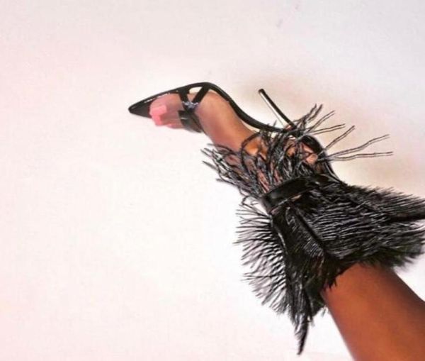

sandals feature high stiletto heels pointed toe fashion runway shoes ankle strap cover heel women designer solid 121597433, Black