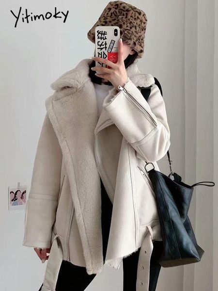 

jackets yitimoky winter women jacket faux leather splicing leather coat stand collar thickness overcoat female loose snow warm outwear, Black;brown