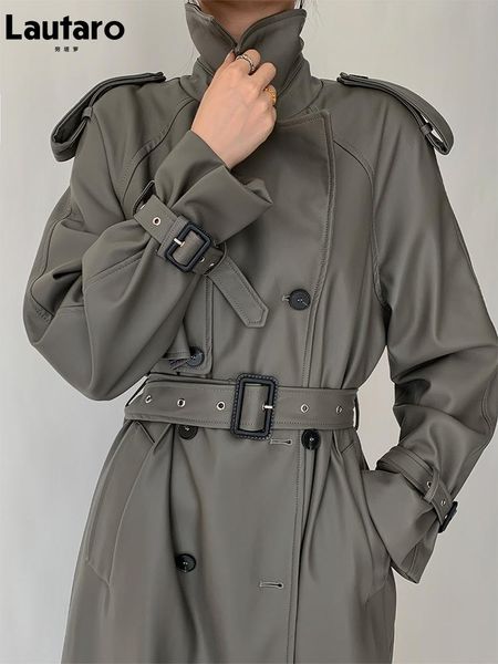 

jackets lautaro spring autumn long gray pu leather trench coat for women raglan sleeve belt runway luxury designer european fashion 2022, Black;brown