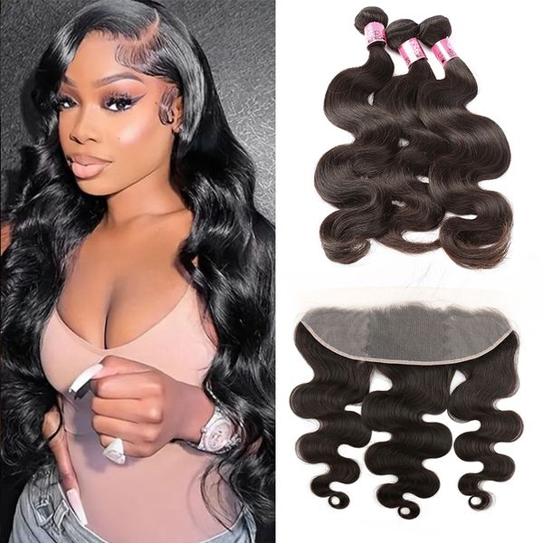 

bundles and frontal body wave bundles with 13x4 ear to ear frontal 3 bundles with lace frontal 100% brazilian virigin human hair weave natur, Black