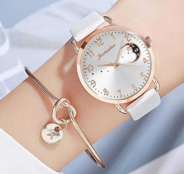 

wristwatches 2pcs women watch set moon dial fashion bracelet watches ladies leather band quartz wristwatch women female clock relogio mujer, Slivery;brown