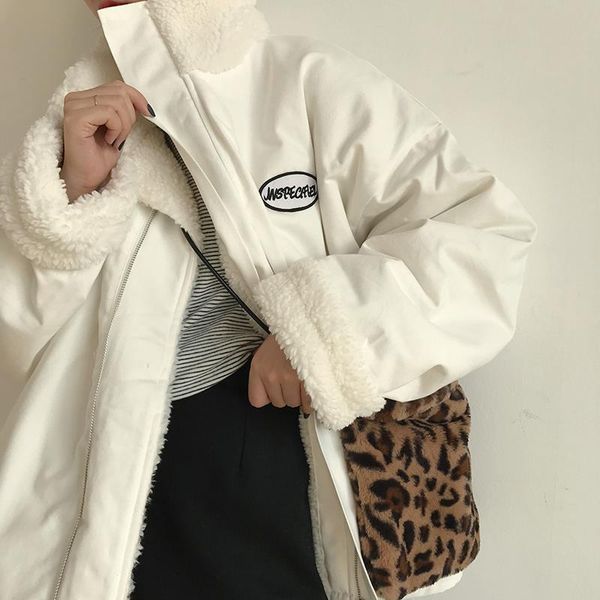 

leather women double sided parkas winter imitation lambswool coats thick warm long sleeve stand collar plush casual female jacket, Black