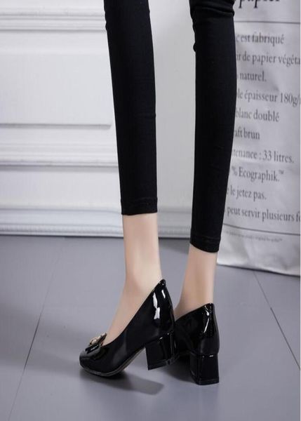 

039s women metal button mid heel dress shoes bright leather wedding shoes highheeled heel platform genuine leather4158381, Black