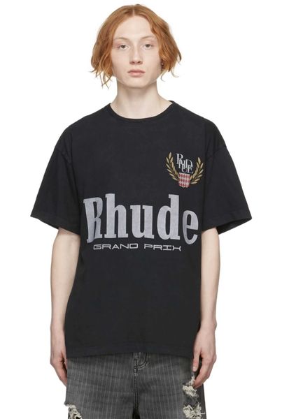 

designer fashion clothing tees hip hop tshirts rhude wheat ear letter round neck american high street t-shirt loose cotton streetwear sport, White;black