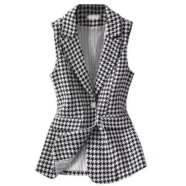

vests houndstooth plaid wool vest 2022 autumn winter coat new black and white plaid slim sleeveless woolen jacket women's waistcoat, Black;white