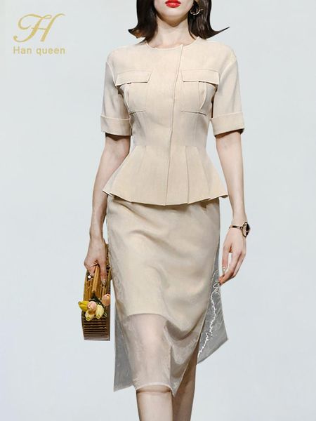 

pants h han queen elegant 2022 summer new two piece set utility pocket +fashion tulle slit sheath skirt casual women's suit skirt, White