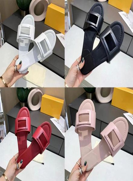 

designer slides slippers women banded flats sandals leather embellished baguette pattern ladies letter beach flip flops2205337, Black