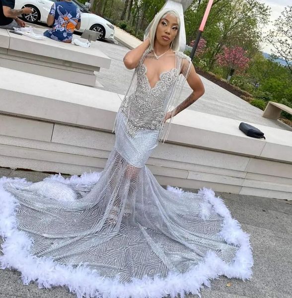 

sparkle black girl prom dress with feather luxury beaded mermaid aso ebi evening gowns 2023 tassel silver sequin birthday party dresses birt