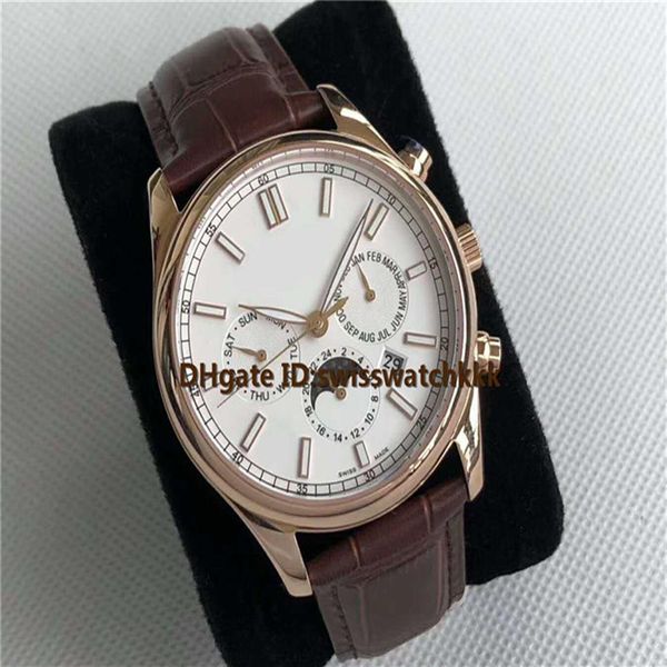 

new 5204p-001 men watch swiss automatic complication moonphase sapphire crystal 18k rose gold case diamond bezel calfskin strap me345y, Slivery;brown