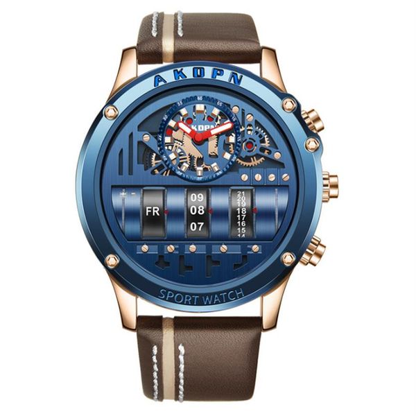 

akdpbn unique personality quartz watches domic big dial real leather stap mens watch creative roller design luminous calendar male2975, Slivery;brown
