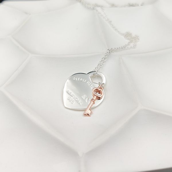 

100% silver luxury brand heart key pendant necklaces 18k gold plated simple love necklace return to t blue splashed tag necklace for women l