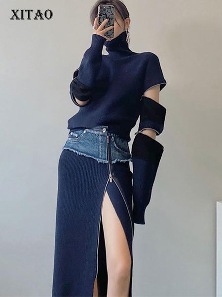 

dress xitao patchwork zipper hole women set 2020 winter casual fashion new style temperament turtleneck collar women clothes zy1813, White