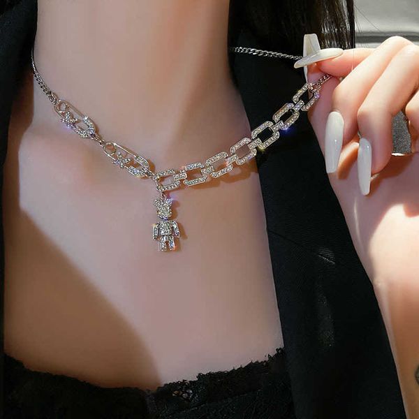 

cold talk wind full diamond violent bear necklace new women's light luxury minority versatile ins hip hop fashion accessories clavicle, Silver