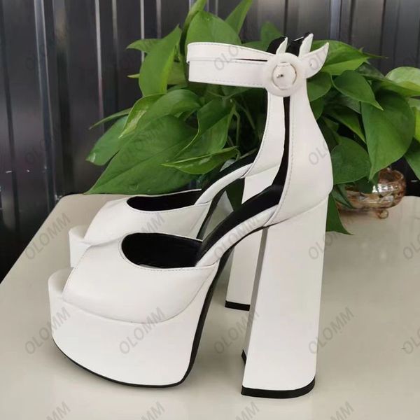 

olomm handmade women summer sandals buckle chunky heels peep toe beautiful white ladies party shoes us size 35 43 44 45 46 47, Black