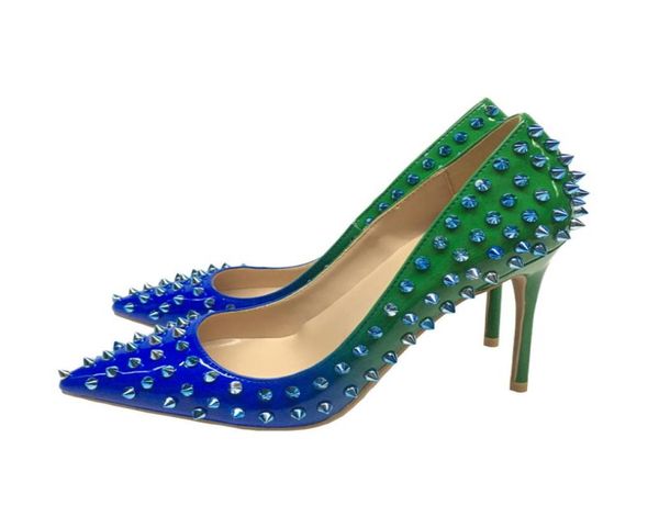 

women039s shoes 2021 fashion gradient rivet spiked studded high heeled luxurys stiletto heels lady thin heel 10cm pointed 1038924, Black