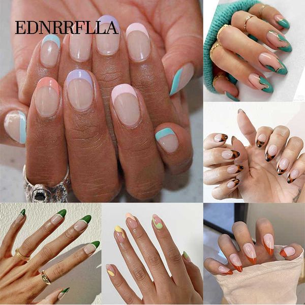 

false nails 24 pcs rainbow colors french fake nails with glue pop wave lines detachable wear press on false nail tips acrylic manicure j2304, Red;gold