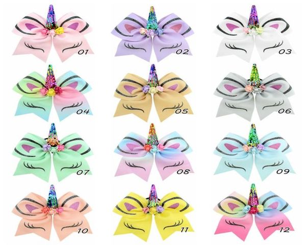 

7 inch 12 colors children unicorn bronzing flip sequins dovetail bow hair bands4852316, Slivery;white