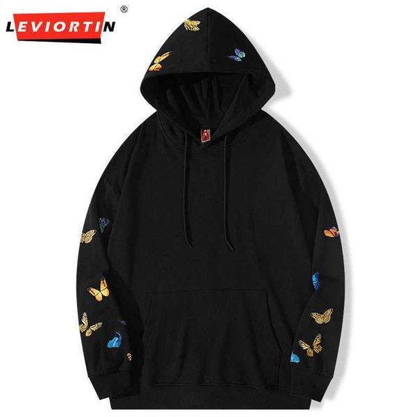 

streetwear hoodies hip hop sweatshirt embroidered butterfly hooded high street mens harajuku cotton pullover outerwear, Black