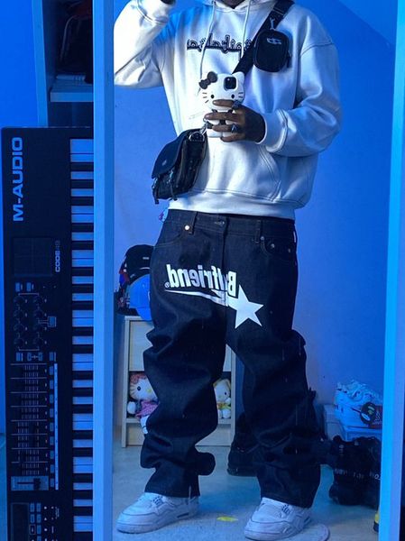 

women's pants s trend retro printed jeans men loose y2k pants korean fashion trouser high streetwear ins wideleg trousers man 230419, Black;white