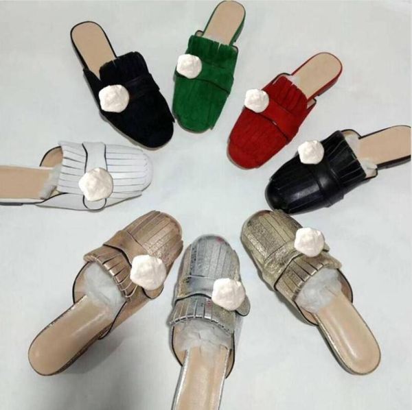 

classic leather slippers oneword slippers flatsoled halfslippers fringed metal buckled sandals designer ladies shoes large size8815467, Black