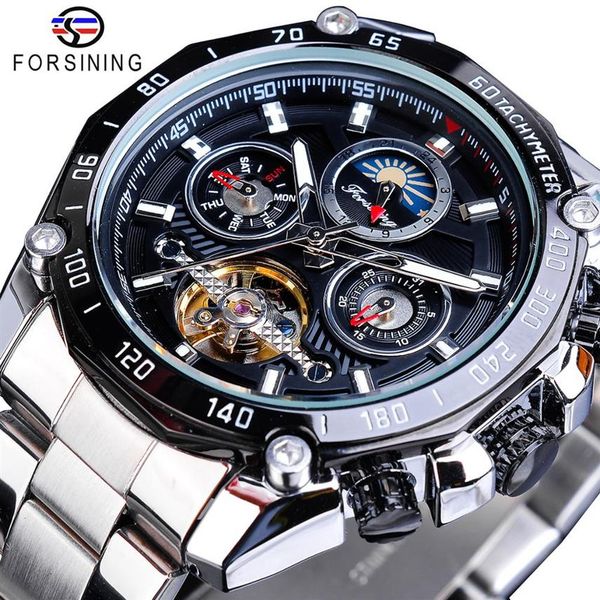 

forsining brand black male mechanical watches automatic multifunction tourbillon moon phase date racing sport steel band relogio2304, Slivery;brown
