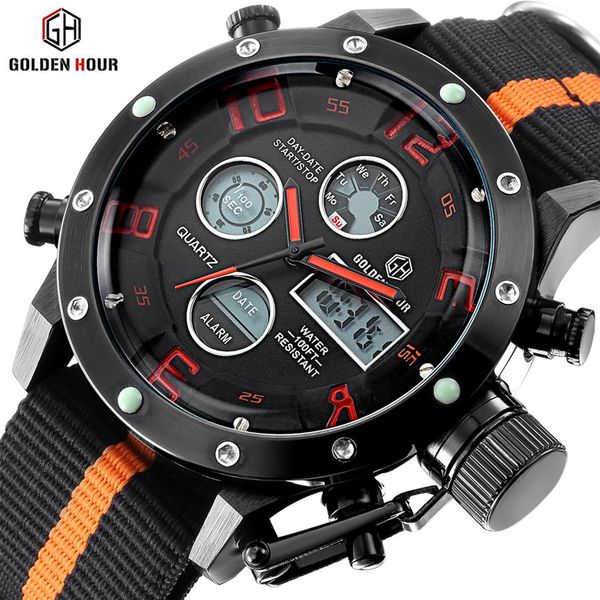

goldenhour outdoor canvas men watch reloj hombre automatic sport multifunction watches military male clock relogio masculino302q, Slivery;brown