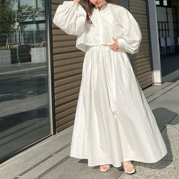 

dress japan style sweet temperament dress sets long sleeve button up shirts + loose solid big swing robe elegant vestidos women suits, White
