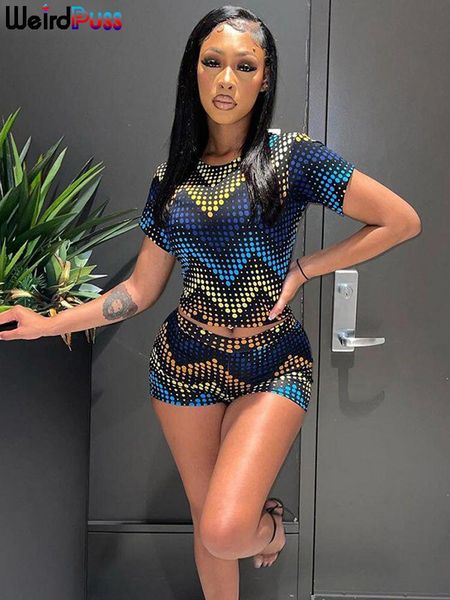 

dress weird puss dots striped women 2 piece set skinny 2022 short sleeve crop biker shorts causal sporty matching slim streetwear, White