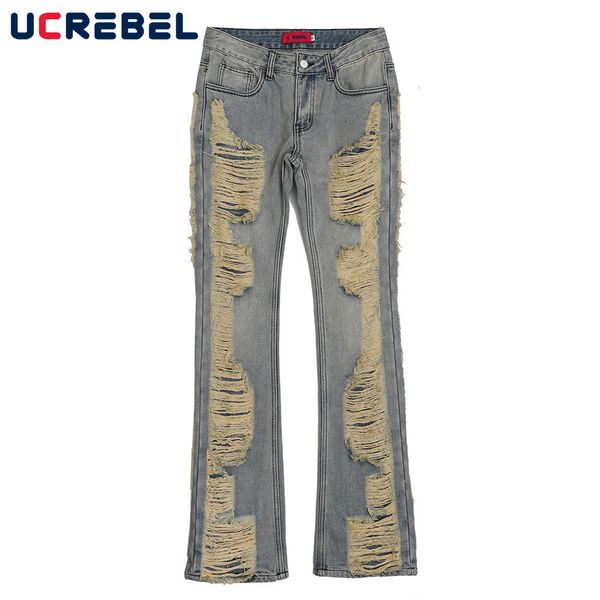 

mens jeans ripped hole denim pants streetwear raw edge baggy high street casual straightleg men 230420, Blue