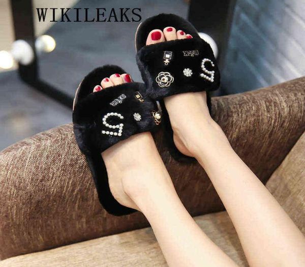 

2022 fur slippers women fur sandals perfume decoration ladies shoes luxury shoes women designers pink slides fluffy slippers y22072509929, Black