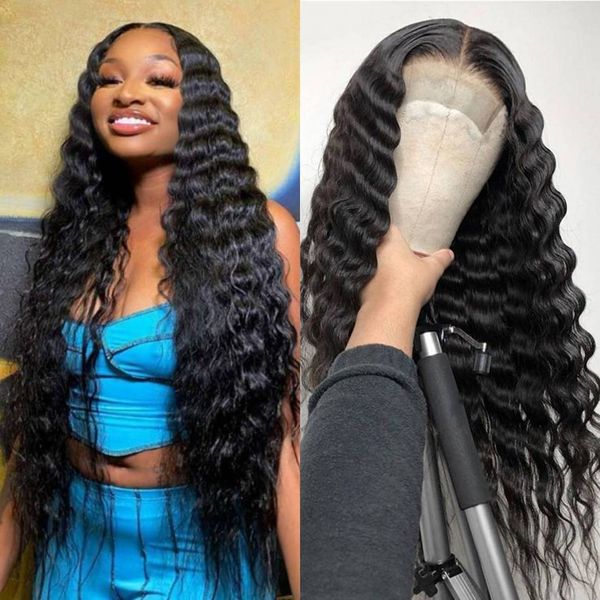 

lace wigs brazilian human hair loose deep wave 13x4 t part lace wig with baby hair 8-24 inch, Black;brown