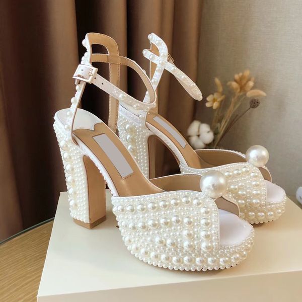 

designer sacora sandals pearls white leather sandal women evening bridal high heels design lady pumps party wedding shoes, Black