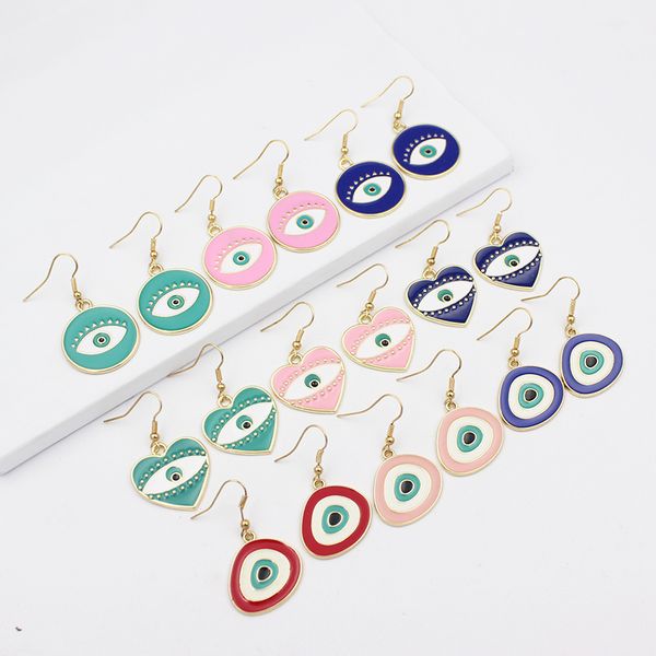 

wholesale heart shaped evil eye dangle earrings geometric round irregular enamel evil eye earrings for women jewelry gift, Silver
