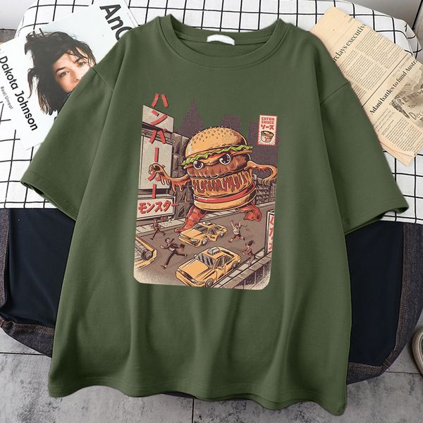 

men's t-shirts ukiyoe japan style burgerzilla tee shirt harajuku retro t shirt summer street tee shirts casual loose t shirts for mens, White;black