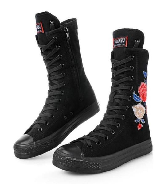 

women fashion highzipper embroider flat boots longbarreled casual flat canvas boots women tall punk shoes size 34433809059, Black