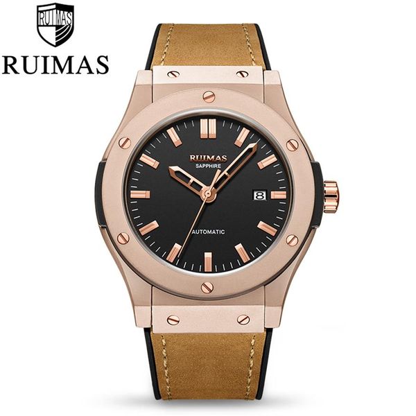 

ruimas mens watches brand leather luxury automatic mechanical luxury watch men sport wristwatch mens reloj hombre324a, Slivery;brown