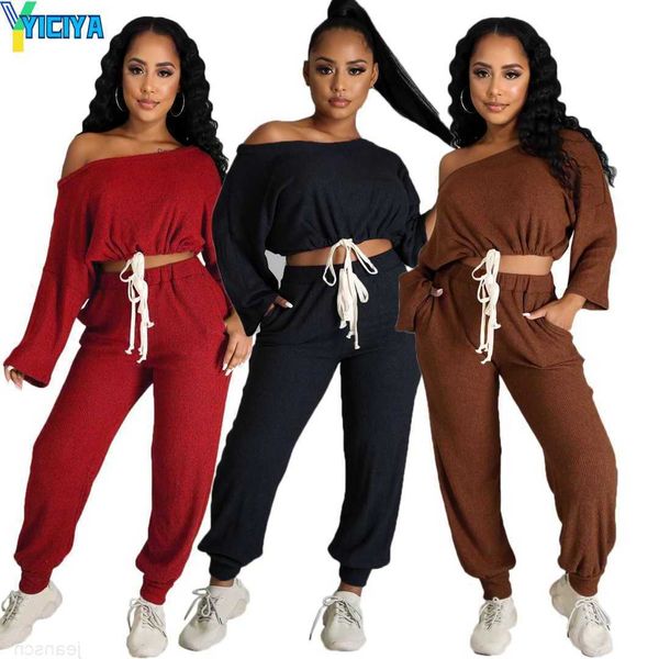 

yiciya designers women clothes 2023 solid rib off shoulder strap loose casual pants two piece sets female clothing, White
