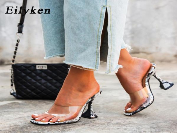 

eilyken size 3542 woman square head serpentine slippers sandals fashion transparent pvc peep toe wine glass mules high heels x1027865023, Black