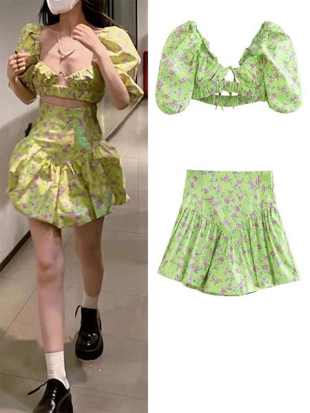 

dress zach aiisa spring and summer fresh pastoral style hollow laceup printed short + temperament high waist printed miniskirt, White