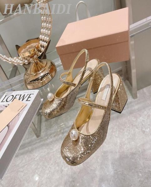 

dress shoes woman mary janes square toe glitter slip on chunky high heels sandals gold party pearl decor lady slingback sandalia1717609, Black