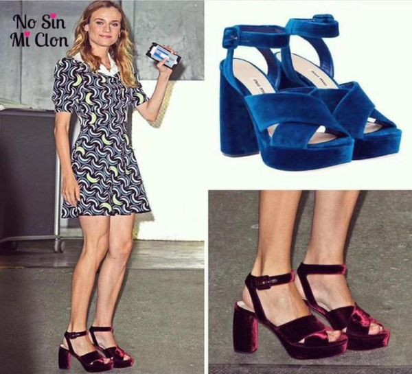 

wine red royal blue velvet platform sandals criss cross buckle high heels ladies gladiators summer party shoes2786718, Black