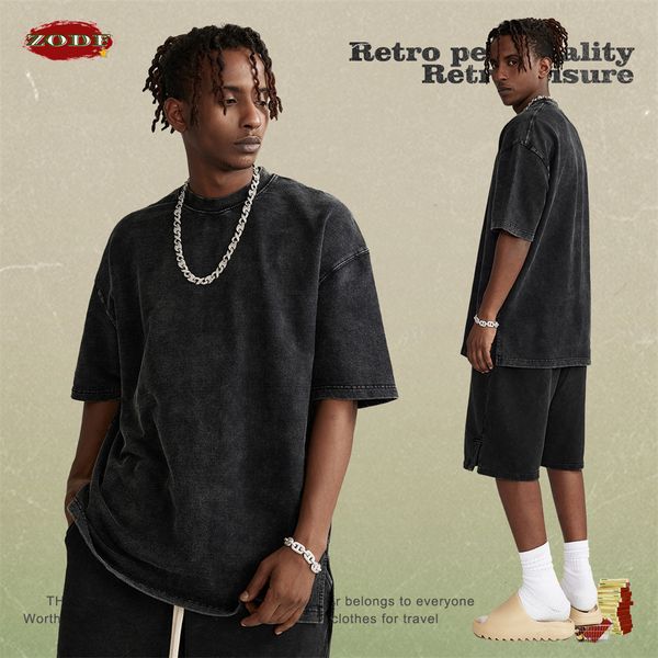 

mens tshirts zodf men american retro 260gsm tshirts summer oversized washed cotton side slit t shirt tees streetwears hy0484 230420, White;black