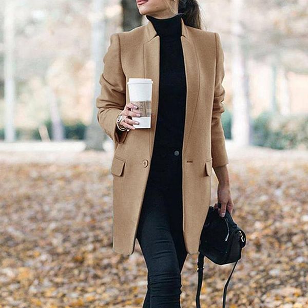 

fur women wool long coat 2022 autumn winter lapel long sleeve woolen coats office ladies solid slim overcoat outwear abrigo mujer, Black