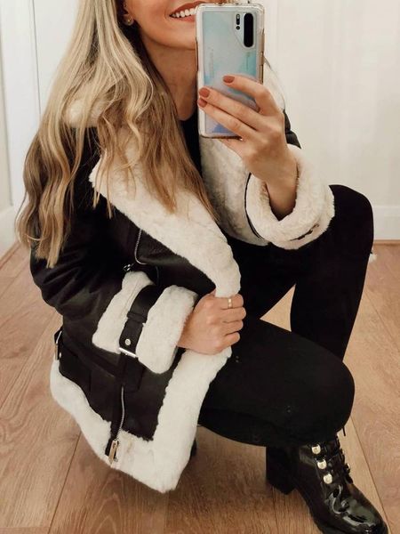 

jackets ailegogo autumn winter coat women pu faux soft leather black white sheepskin fur jacket female aviator outwear casaco feminino, Black;brown