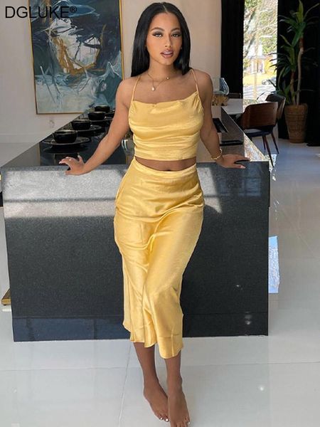 

dress elegant satin skirt sets summer two piece sets womens outfits backless crop midi skirt 2 piece party club outfit, White