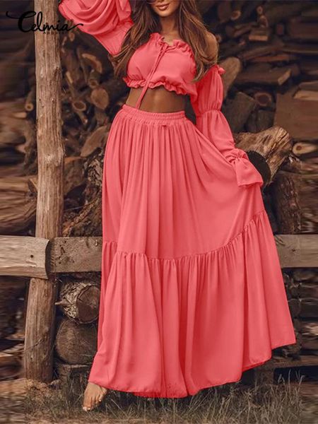 

dress celmia casual lady beach sets elegant holiday twopiece dress sets 2022 fashion ruffled short and pleated maxi skirt sets, White